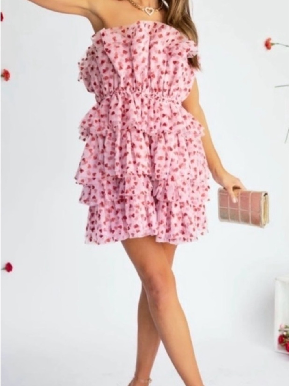 MABLE Ruffled Strapless Mini Dress in Pink with Red Heart Print